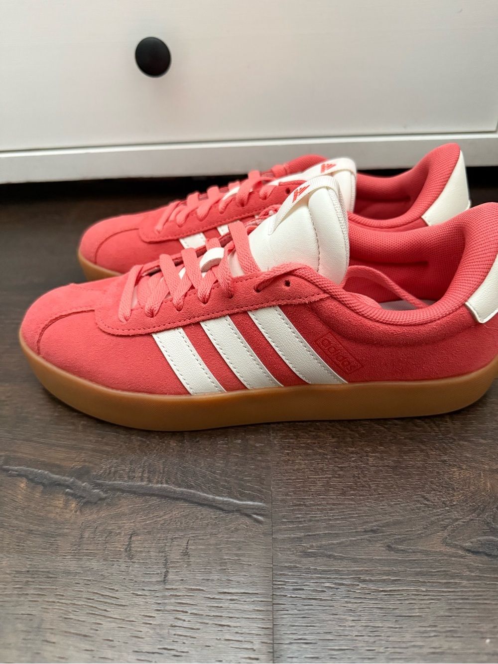 NWOT adidas Coral Suede Sneakers with White Stripes and Gum Sole